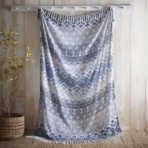 Appletree Sakari Ganado Tribal Throw Blanket – Soft Touch Blue Sofa Throw with Tassels – Lightweight Decorative Bed & Couch Blanket – 180 x 130cm – Matching Cushion Available
