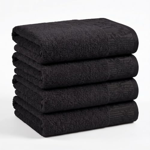 Superior Cotton Bath Towels, Set of 4, Floral Jacquard Dobby Border, Body Towel for Bathroom, Guest Bath, Resort, Hotel, Airbnb, Home Essentials, Adult and Kids, Wisteria Collection, Black/Black