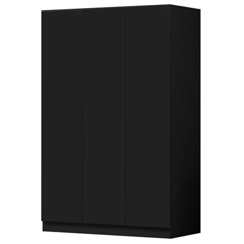 FWStyle Matt Black 3 Door Wardrobe with Push to Open Handleless Design and Soft Close Hinges, Scandinavian Modern Bedroom Storage Furniture with Hanging Rail and Shelves, W120 x H180 x D50cm
