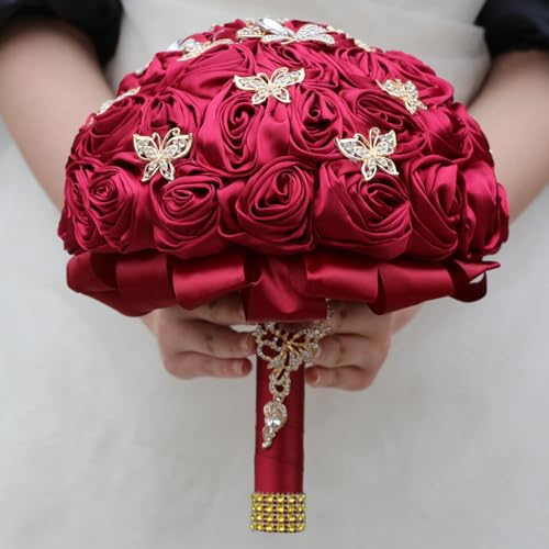 "Mhojpik Handmade Wedding Flowers Bouquet Round Holding Bridal Bouquet Toss Artificial Rose Bunch for Bride Bridesmaid Wedding Quinceanera (Dark Red, 8.7"")"