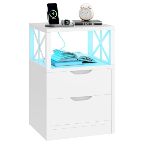 Feonase Bedside Table with Charging Station, Side Table with LED Light, 2 Outlets and 1 USB + 1 Type C, Nightstand with Open Storage Shelf, Bedside Cabinet for Living Room, Bedroom, White