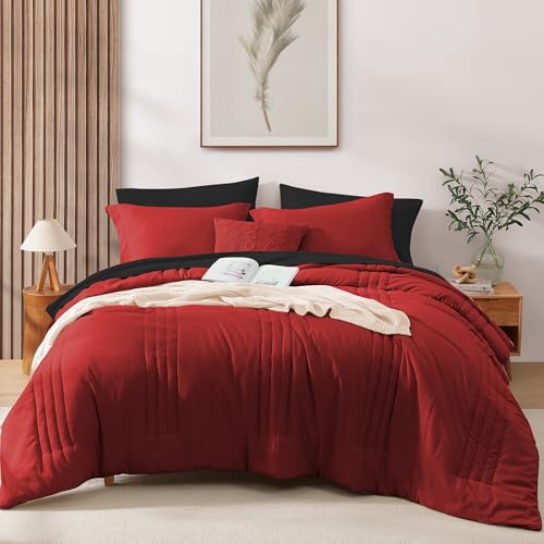 Full Size Comforter Set-7 Pieces Red Soft Bed in a Bag Full Bedding Sets - Monbix All-Season Vertical Quilted Comforter with Sheets, Pillow Shams & Pillowcases
