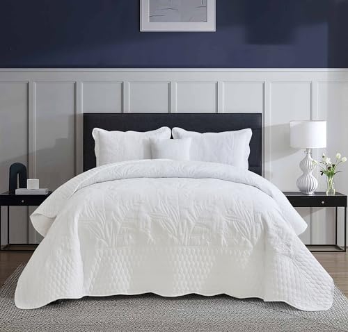 DaisyHuang Botanical Bedspread Full Size - Leaves Pattern Stitching Quilt Set - Elegant & Fresh Style Bedding Coverlets, Reversible, Lightweight, 5 Piece, White