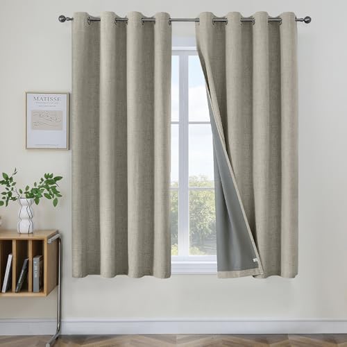 Joydeco Blackout Curtains 63 Inches Long 2 Panels Burg, Room Darkening Curtains for Bedroom, 100% Black Out Textured Thermal Drapes Privacy Protection 2 Panels Set(W42 x L63 Inch, Linen)
