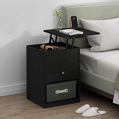 Furinno JENSEN Night Stand, Lift-Top Nightstand with Drawer, Bedside Table, End Table, Side Table with Storage Shelf, Knob Handle Drawer, for Bedroom, Living Room, Dark Americano