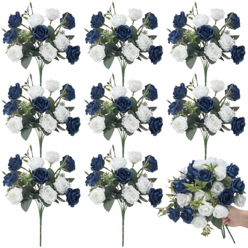 Zeyune 8 Pack Artificial Mini Navy Blue and White Roses 12 Inch Fake Flowers with Stems 80 Small 1.6 Inch Flower Heads Silk Mini Rose Bouquets for Wedding Centerpieces Bridal Bouquets Home Party Decor