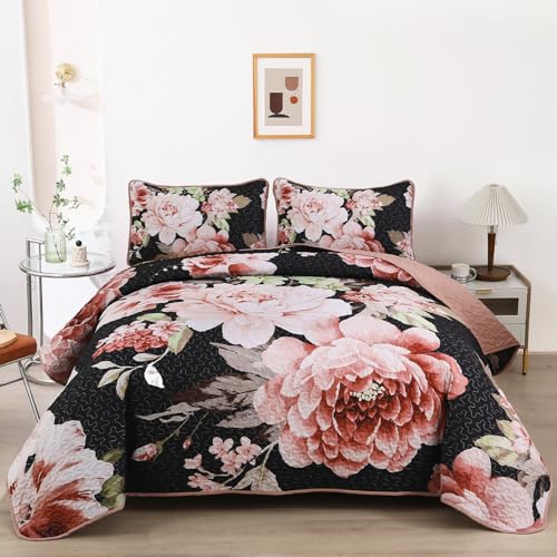 WONGS BEDDING Black Floral Quilt Set King Size Pink Flower 3 Pieces Elegant Bedding Set for All Season Reversible Soft Microfiber Coverlet Set with 2 Pillow Shams
