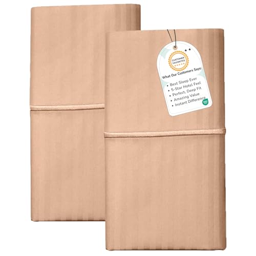 Feather & Stitch 100% Cotton Standard Pillow Covers Set of 2, 500TC Envelope Closure Pillowcases, Soft Luxury Damask Stripe Sateen Weave Pillow Case for Sleeping, 20x30 Inches - Maple Sugar