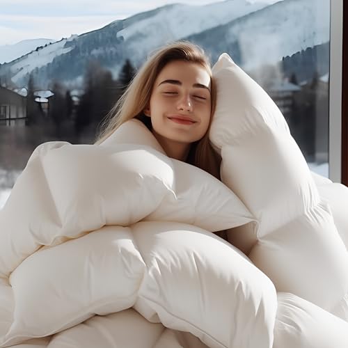 Wellos Goose Feather Down Comforter Queen Size - 900+ Fill Power Medium Warmth Duvet Insert for All Season + 1200TC Cotton Blend + 8 Corner Tabs + 3D Baffle Box - Queen 90 X 90