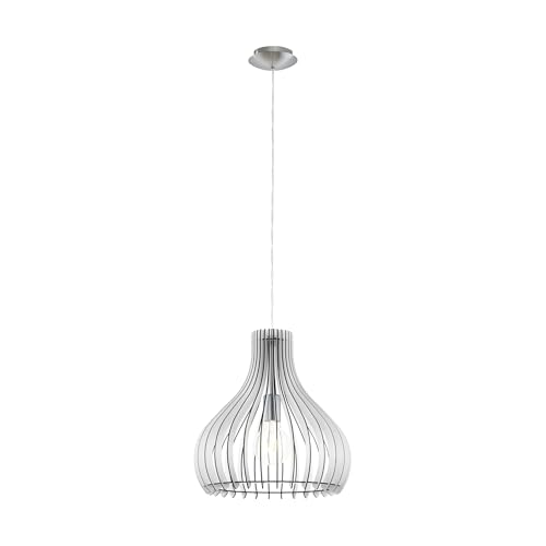 EGLO Tindori Pendant Light, 1-Bulb Vintage Pendant Light Made of Steel and Wood in Nickel Matt, White, Dining Table Lamp, Living Room Lamp Hanging with E27 Socket, Diameter 38 cm