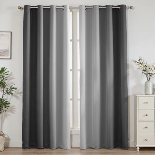 weesire Ombre Blackout Curtains for Bedroom Living Room 2 Panels 100% Blackout Black and White Gradient Curtains, 52x63 Inches
