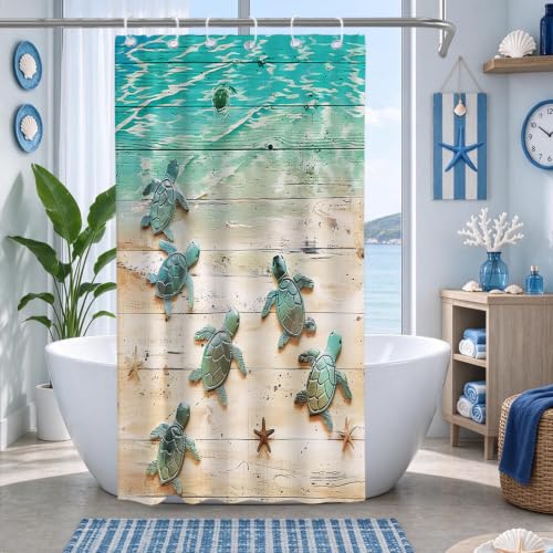 Final Friday Green Beach Sea Turtle Shower Curtain Nautical Teal Theme Fabric Bathroom Blue Ocean Decor with Grommets and Hooks 36 x 72 Inch Blue