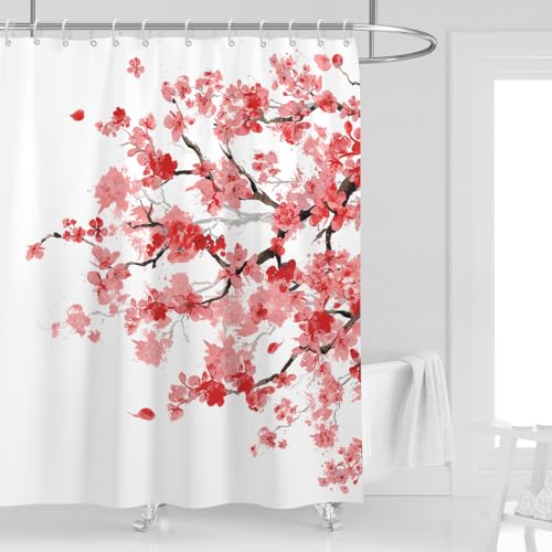 Kikiry Red Cherry Blossom Shower Curtain 60''W x 72''L Flower Floral Japanese Sakura Asian Anime White Plum Watercolor Ink Blooming Spring Art Style Polyester Fabric Waterproof 12 Pack Plastic Hook