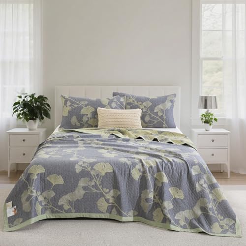 Purefair 100% Cotton Muslin Jacquard 2 Piece Quilt Set Floral Ginkgo Leaf Print, Soft 3 Layers Gauze Bed Cover Reversible Bedspread Coverlet Breathable Lightweight Bedding Set, Twin