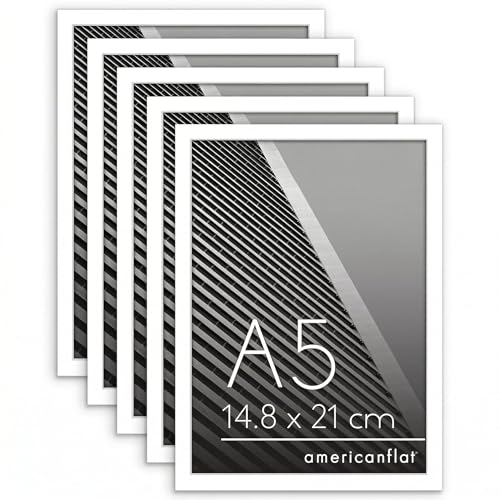 Americanflat A5 Picture Frame with Shatter-Resistant Glass - Set of 5 - Streamline Collection - Thin Border Photo Frame with Hanging Hardware and Easel for Tabletop and Wall Display - White