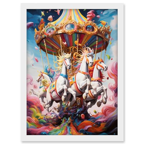 Artery8 Magical Carousel in Rainbow Clouds Bright Bold Vibrant Fantasy Kids Bedroom Baby Nursery Artwork Framed A3 Wall Art Print