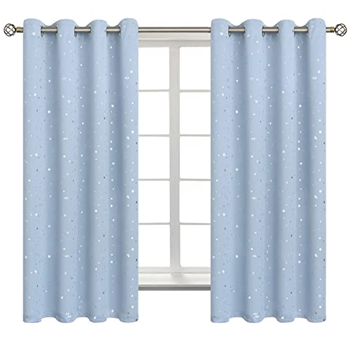 BGment Star Room Darkening Curtains for Kids Bedroom - Grommet Thermal Insulated Silver Star Print Kids Curtains for Living Room, Set of 2 Panels, Baby Blue, 52 x 63 Inch