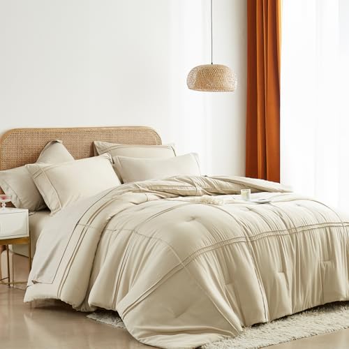 Yogeneg Twin Comforter Set 5 Piece Bed in a Bag,Grid Pinch Pleat Beige Twin Bedding Set,Striped Textured Soft Microfiber Comforter with Sheet Set,All Season Complete Bed Set(Beige,Twin)