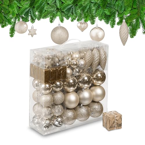 Relaxdays Christmas Baubles, Set of 110, Glittery, Matt & Shiny Ornaments, Plastic Decorations, HxD: 9 x 8 cm, Champagne