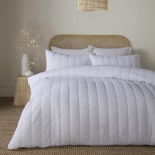 Serene Crinkle Wave White Duvet Cover Set King – Minimalist Bedding – Jacquard Recycled Polyester – Includes 1 Duvet Cover (220 x 230cm) & 2 Pillowcases – White Crinkle Wave Bedroom Set
