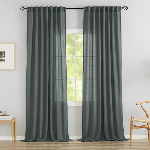 DONREN Linen Semi Sheer Curtains 120 inches Long Extra Long with Back Tab for Living Room Patio Sliding Door Light Filtering Charcoal Grey 1 Pair