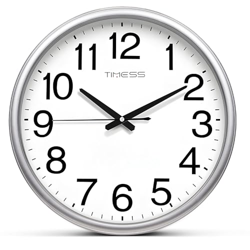 TIMESS Wall Clock, 13 Inch Large Dial Non-Ticking Silent Battery Operated Quality Analog, Ultra-Quiet Movement Quartz, Timeless Stylish Clock, Ideal Modern Home, Office D??cor (Sliver)
