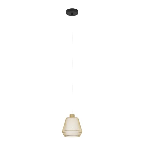 Eglo Pendant Lamp Ciudadela, 1-Light Above Dining Table, Room Light in Diamond Shape Made of Metal Brass and Black, White Fabric, Fixture with E27 Socket, Ø 18 cm