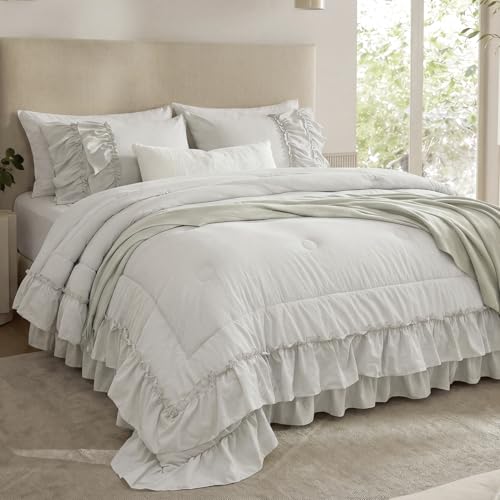Bedding_Dreamer Beige Ruffle Comforter Set Queen, 3 Pieces Shabby Chic Farmhouse Bedding, Soft Microfiber Comforter with Matching Shams, All Season