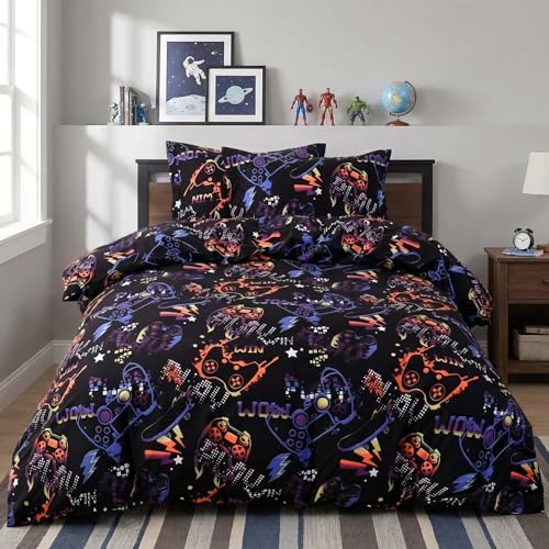 JSD Black Gamer Kids Duvet Cover Set Queen Size, 3 Piece Teens Printed Microfiber Comforter Cover with Pillow Sham Zipper Closure, Comforter Not Included
