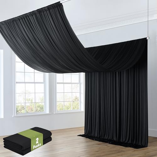 Htper 10ft x 20ft Black Ceiling Drapes for Wedding Parties, Wrinkle Free Thick Polyester 20ft Extra Long Tent Canopy Draping Black Ceiling Curtains Arch Drapery for Birthday Party Decor