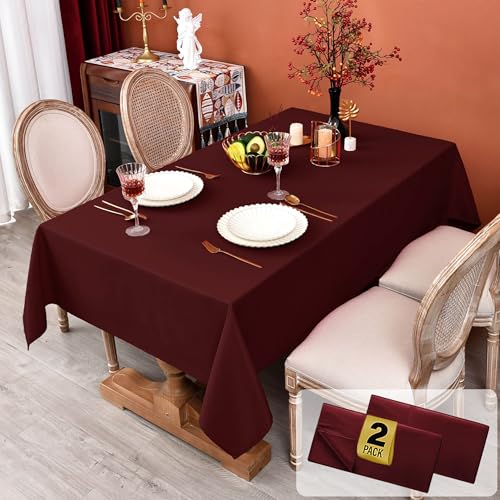MEANMOY 2 Pack Burgundy 210 GSM Water & Stain Resistant Rectangle Tablecloth - Solid 60 x 84 Inch Rectangular Table Cloth in Wrinkle Free Washable Polyester for Wedding, Party, Banquet (2 Pcs)