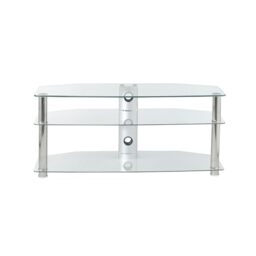 Clear Glass TV Stand 1150mm Wide 3 Shelf for Up To 55 inch TV's With Chrome Silver Legs, by MMT