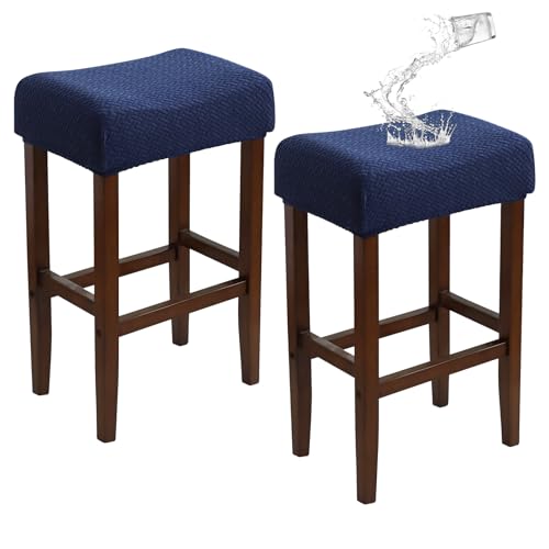 EVOLLER Waterproof Bar Stool Covers Set of 2 Navy Blue Rectangle Jacquard Stretchable Backless Barstool Seat Cover Counter Bar Stool Slipcovers Washable