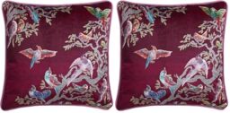 Laurence Llewelyn-Bowen Velvet Cushion ??? 43x43cm ??? Pink and Blue Bird Print ??? Filled Cushion with Piped Edge ??? Soft Touch Fabric ??? Birdity Absurdity Collection ??? Decorative Sofa Pillow (Pack of 2)