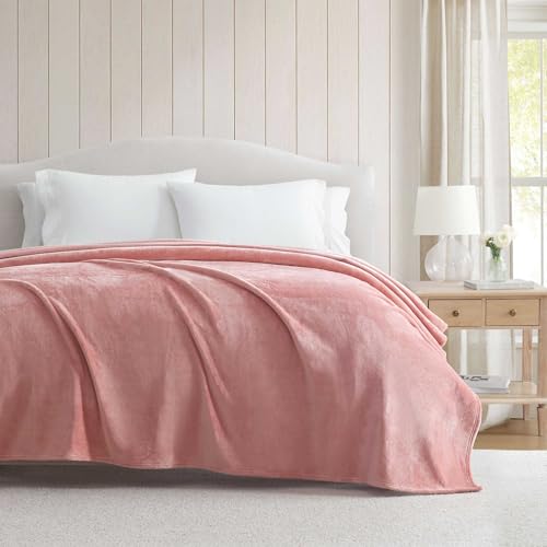 Martha Stewart - Twin Size Blanket, Ultra-Soft Plush Fleece Throw Blanket with Double-Needle Stitching, 350 GSM, Medium Weight Bedding for Bed or Couch (Bedford Solid Pink)