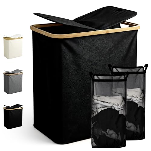 Ribelli Laundry Basket, 104 Litres, Foldable Laundry Hamper, 2 Compartments with Lid and Removable Laundry Bag, Large Laundry Bin for Laundry Room, Bathroom, Bedroom, Black
