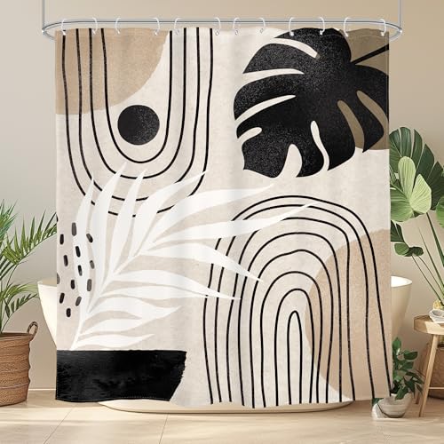 Glawry Boho Mid Centry Shower Curtain Beige Bathroom Curtain Set - Bathroom Decor Waterproof Fabric with Free Hooks