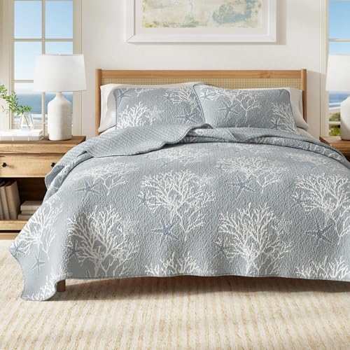 Full / Queen Coastal Quilt Bedding Set, Summer Coastal Quilt with Shams, Beach 3-Piece Reversible All Season Bedspread Quilt Set. Lightweight Nautical Quilted Coverlet. Fenwick Collection, Pearl Blue