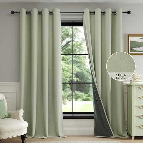 FMFUNCTEX 100% Blackout Sage Green Curtains 90 Inch Grommet Drapes 2 Panels - Black out Drapes, Thermal Insulated Noise Reducing, Textured Weave, Room Darkening, Window Curtain, for Living Room,Grommet