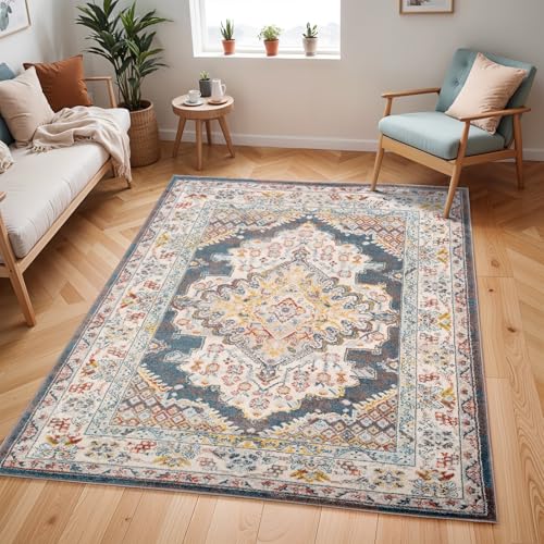 Livabliss Jade Casablanca Vintage Carpet 200 x 275 cm – Traditional Multicolour Boho Style for Living Room, Dining & Kitchen, Easy Care Floor Covering, Brown Blue