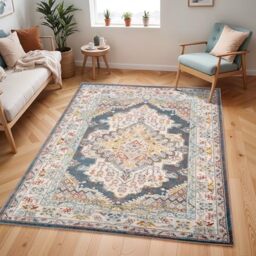 Livabliss Casablanca Vintage Rug - Living Room 200x274 cm, Dining Floor, Kitchen, Traditional Multicoloured Boho, Easy Care Pile, Bohemian Large, Brown and Blue
