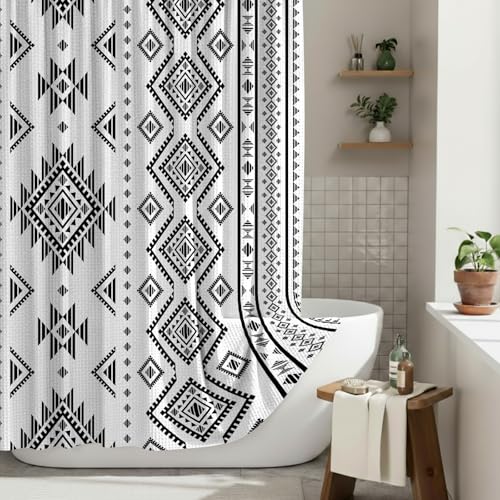 HunnmingRe Western Shower Curtain Waffle Southwest Aztec Geometric Stripes Fabric Shower Curtain Set with Hooks for Bathroom 72 x 72 Inches Boho Bath Curtains (Black)