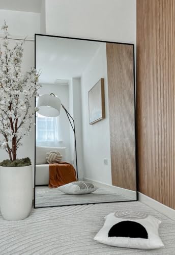 "MirrorOutlet The Artus - Black Modern Aluminium Edged Wall Leaner Mirror 68"" X 43"" (174CM X 110CM) Silver Mirror Glass.…"
