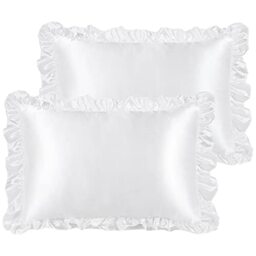 PiccoCasa Ruffled Satin Pillow Shams Cases 2 Pack, White 50cm x 75cm