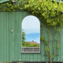 "MirrorOutlet The Arcus - White Framed Modern Full Length Arched Garden Wall Mirror 63"" X 31"" (160CM X 80CM) Silver Mirror Glass with Black All weather Backing."