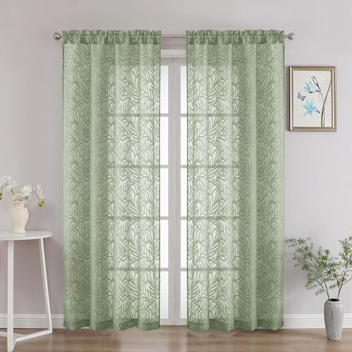 OVZME Sage Green Sheer Curtains 72 Inches Long 2 Panels, Voile Soft Airy Leaf Jacquard Textured Elegant Sheer Curtains for Living Room Bedroom Door Window, Dual Rod Pocket Drapes, 2x42Wx72L Inches