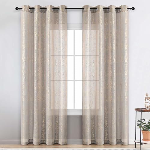TERLYTEX Grey Gold Metallic Foil Sparkle Curtains - 95 Inch Long x 52 Inch Wide, 2 Panels Set for Living Room Privacy Grommet Window Shimmer Sheer Curtains