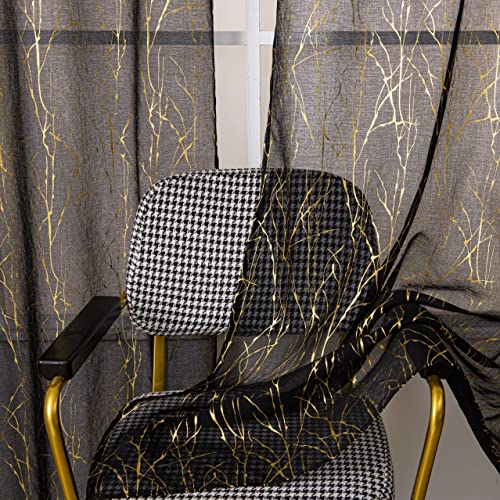 "Sutuo Home Black Sheer Curtains 96 Inches Long 2 Panels Set, Gold Foil Print Metallic Bronzing Branch, Privacy Voile Window Treatment Decor Drape Pair for Bedroom Living Room 52"" W x 96"" L"