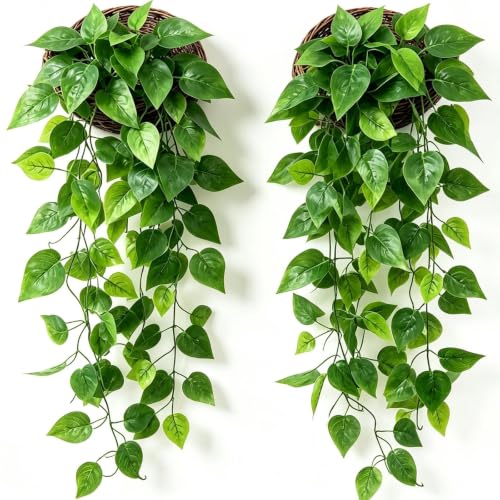 Delphinus Fake Hanging Plants, 2pcs Artificial Hanging Plant, Faux Vine Plants Indoor and Outdoor for Office Home Living Room Bathroom Wall Shelf Decor