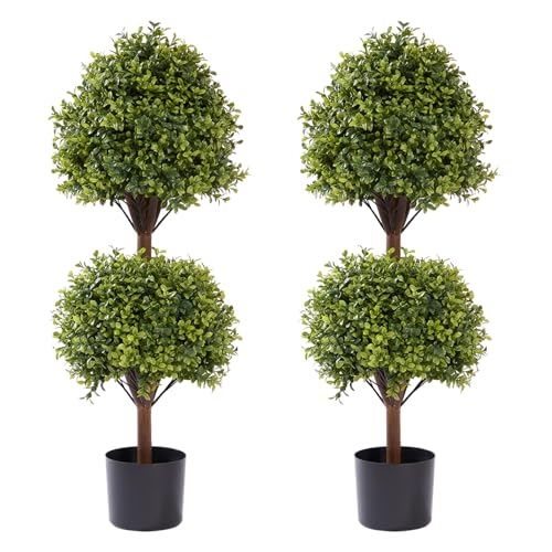 THE BLOOM TIMES 44 Inch Artificial Topiary Double Ball Boxwood Tree, Set of 2 Fake Potted Plants Faux Bushes & Shrubs Plants for Outdoor Planter Front Proch Decor